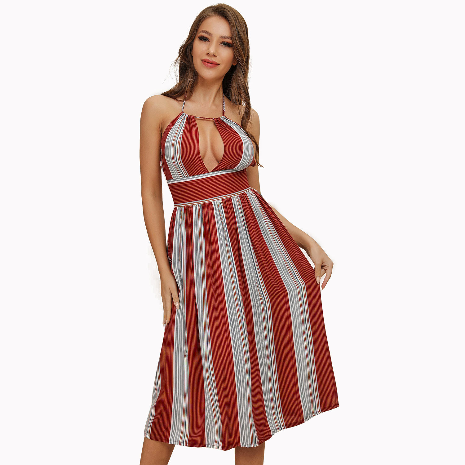 Striped Backless Halter Dress Sexy Design Comfortable Fabric Versatile Style Perfect for Summer Parties Wholesale