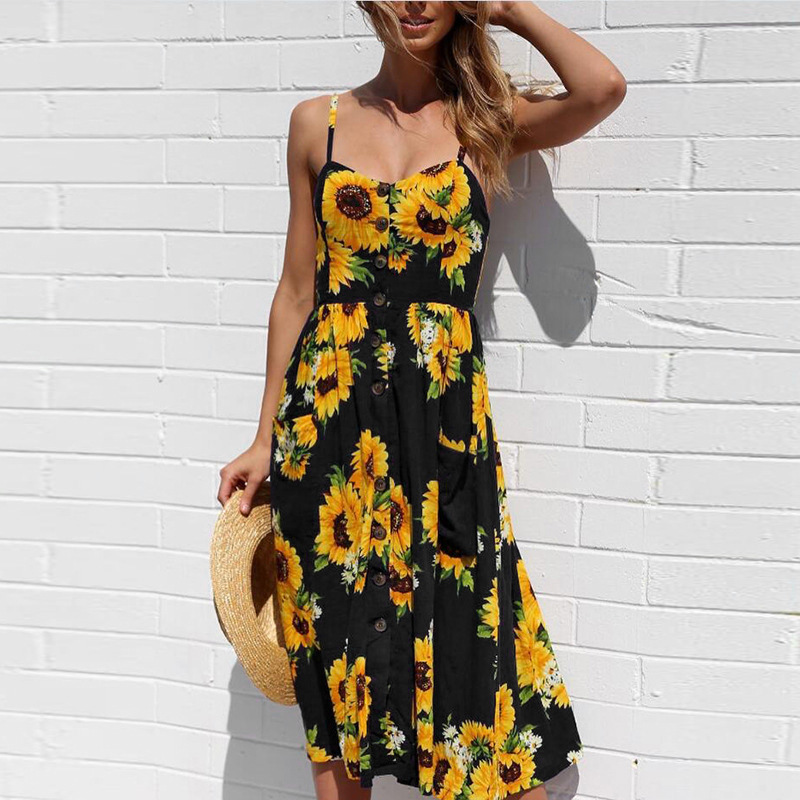 Sunflower Pineapple Print Button Back Sexy Slip Dress 36 Colors 6 Sizes Lightweight Fabric Summer Casual Wear