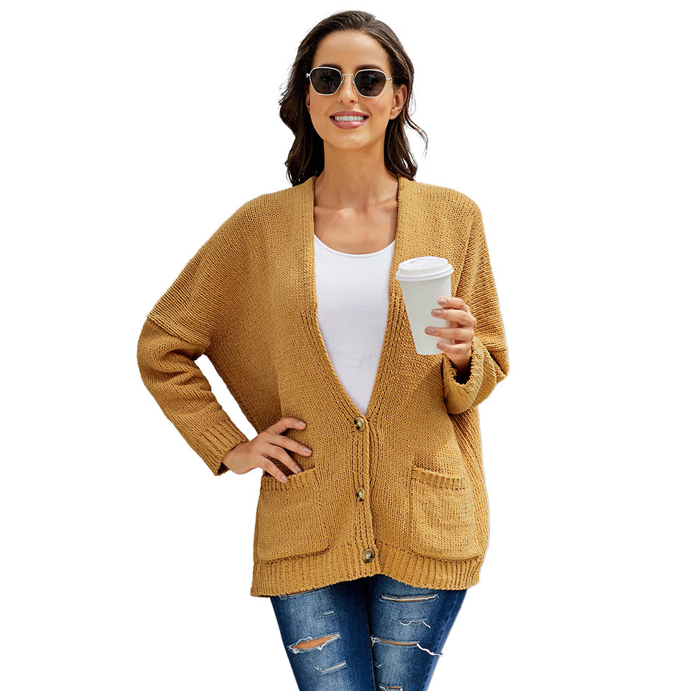 Womens Casual Knit Cardigan Solid Color V Neck Button Closure Loose Fit Autumn Winter Fashion Wholesale Available