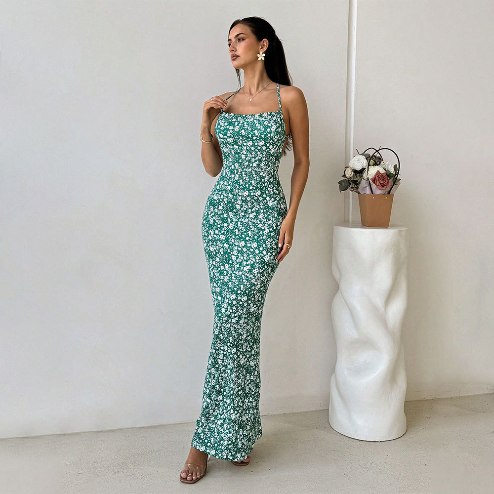 Summer Sexy Backless Mermaid Long Dress Casual Vacation Date Music Festival Floral Spaghetti Strap Dress