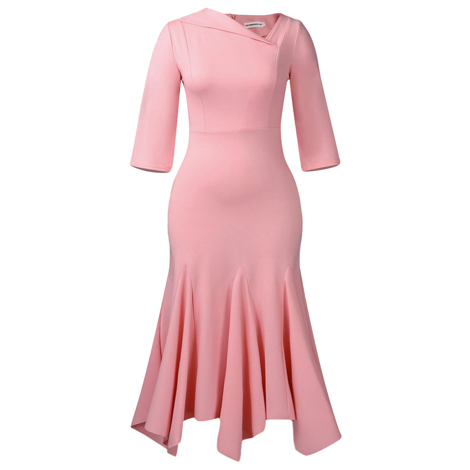 Fashionable Elegant Asymmetrical High Waist Dress with Slanted Neckline and Three Quarter Sleeves for Women, Cross Border Styl
