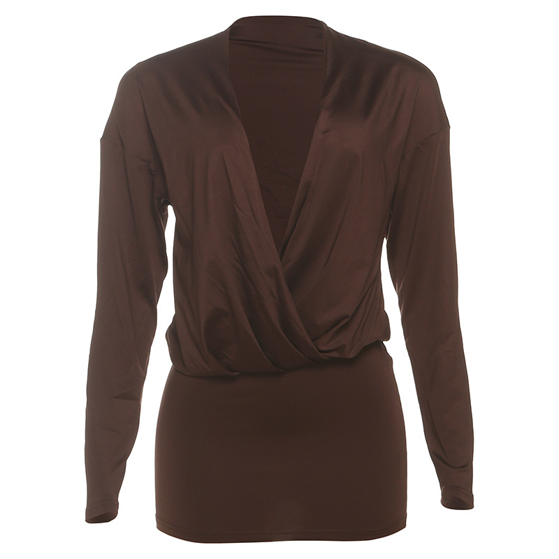 European and American Cross border Autumn New Sexy Versatile Fashion Simple Deep V Long Sleeve Bodycon Dress