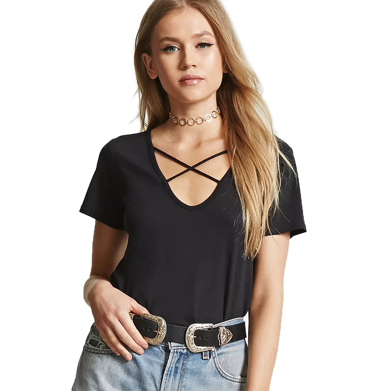 Womens Loose Fit Short Sleeve T Shirt Hollow Out V Neck Solid Color Trendy Style Perfect for Summer Casual Wear