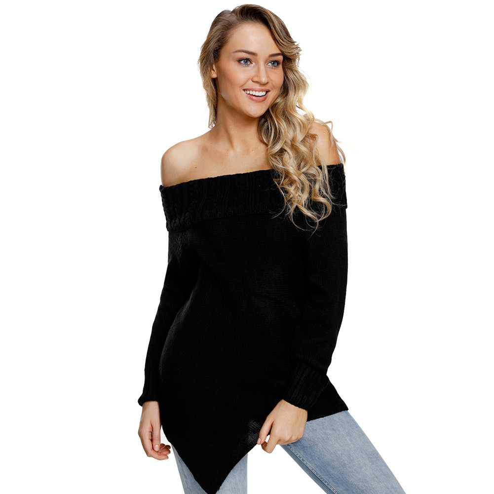 Asymmetrical Long Sleeve Wool Knit Sweater Solid Color Off Shoulder Neckline Womens Fashion Perfect for Autumn and