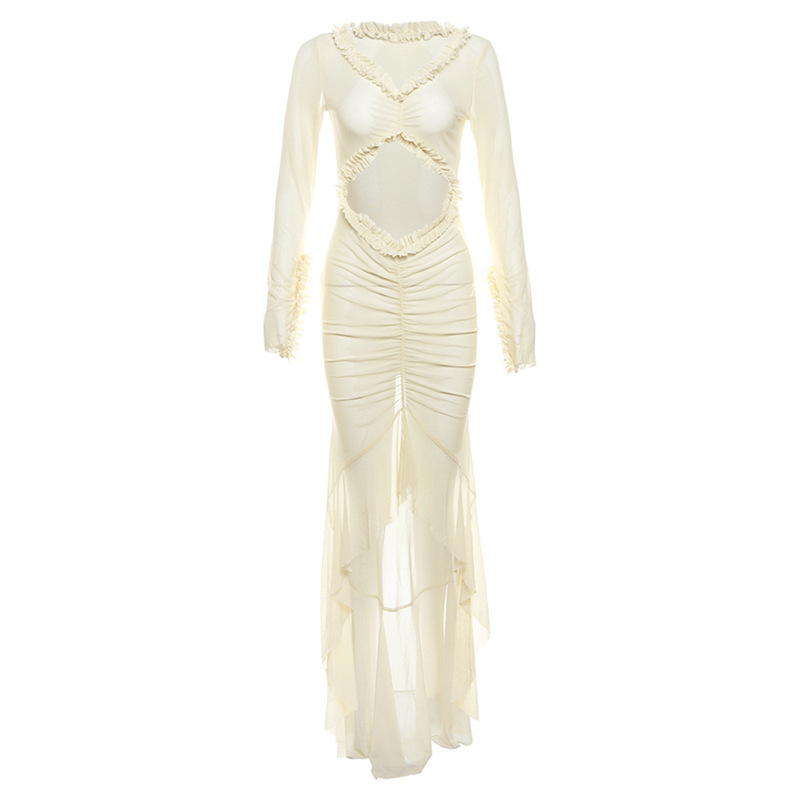 European and American Cross border Summer Women's New V neck Sheer Sexy Hollow Pleated Lace Slim Dress