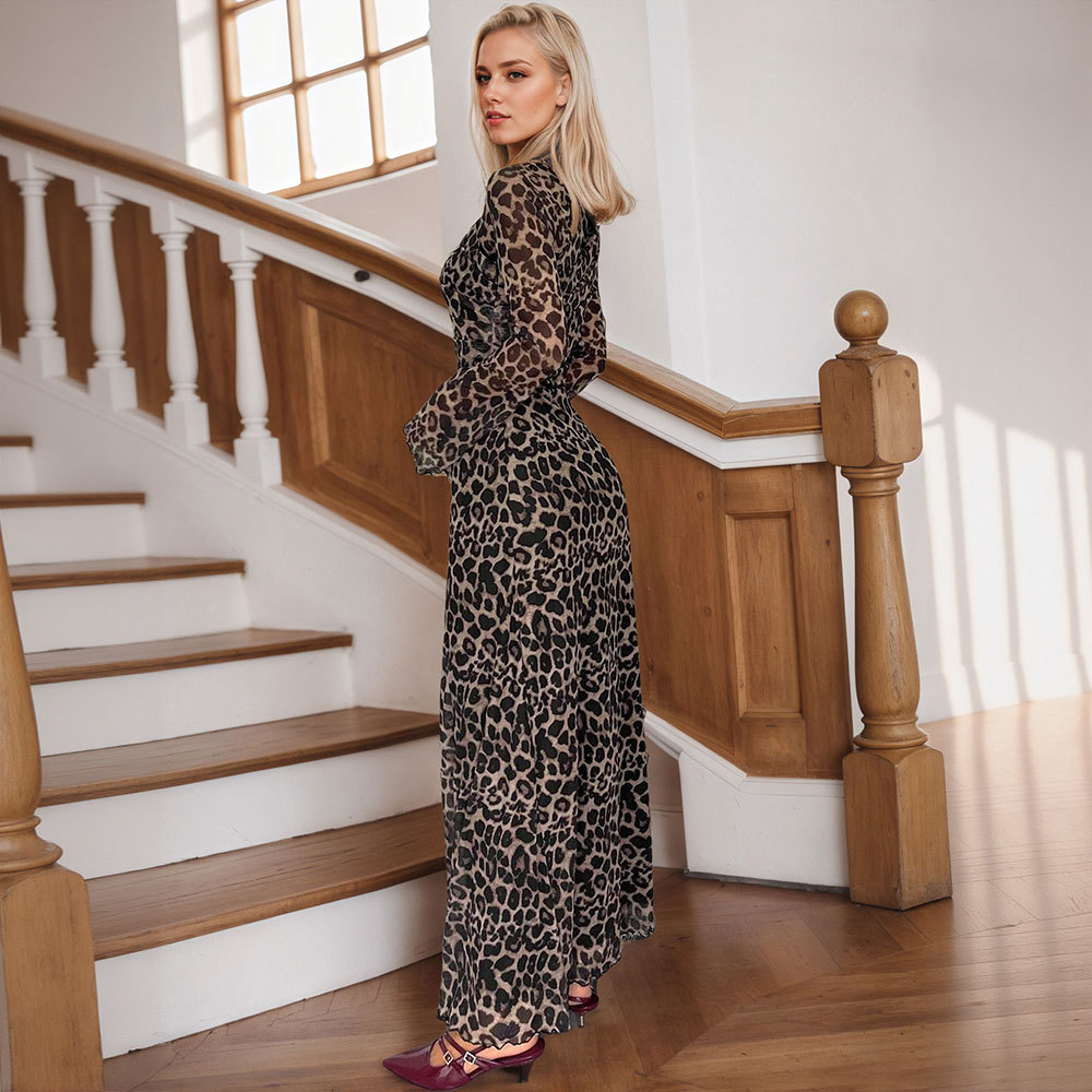 New Cross Border Women's Dress with Asymmetrical Neckline, Long Sleeve, Sexy Leopard Print, Elegant Long Party Dress
