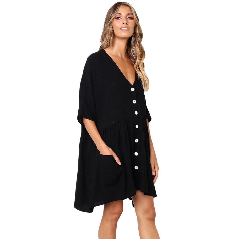 Summer Womens Dress Solid Color Short Sleeve V Neck Loose Fit Plus Size Casual Wear Wholesale Available