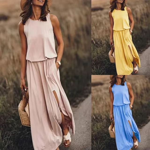 Summer New European and American Vacation Style Solid Color Round Neck Sleeveless Spaghetti Strap Lantern Split Long Dress