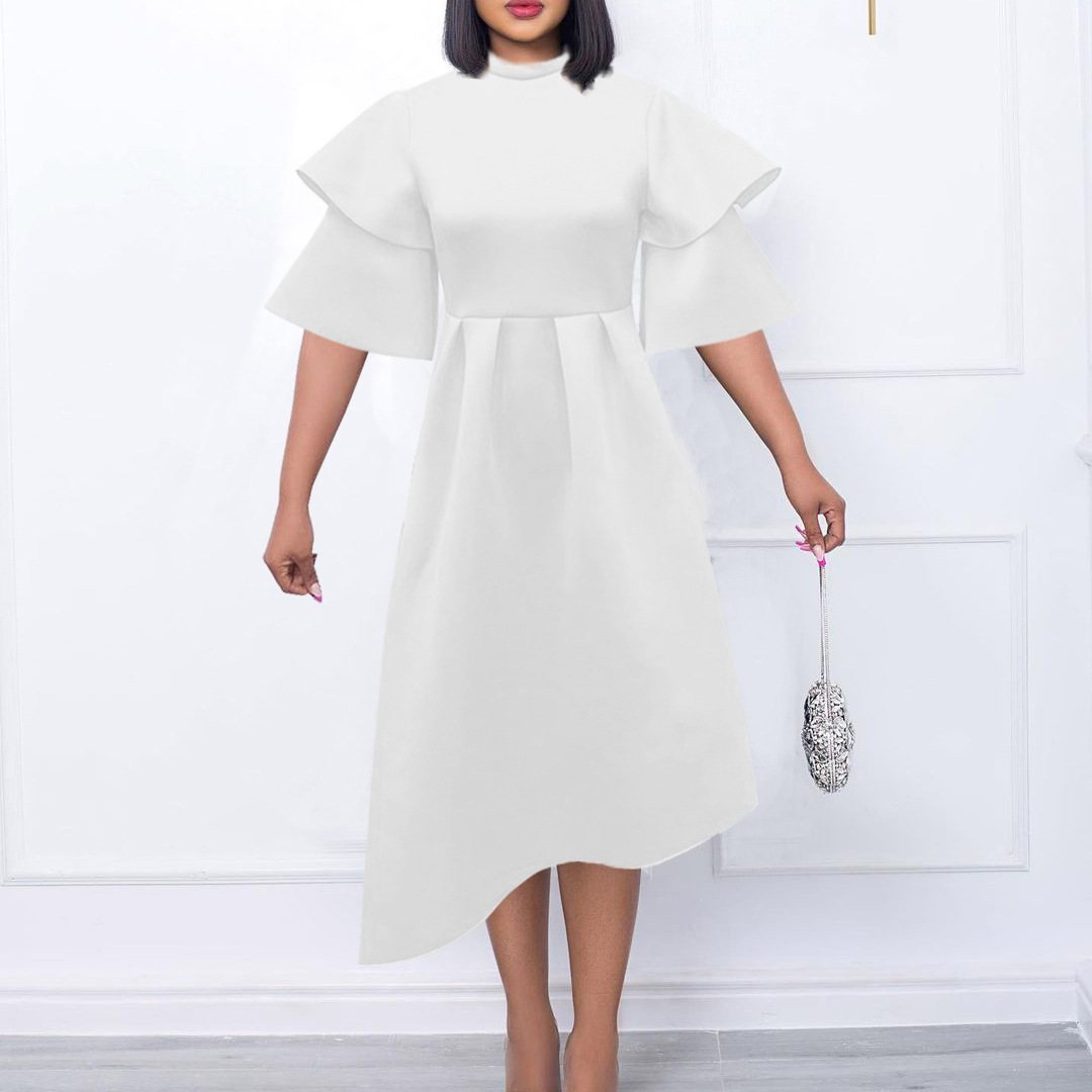 New Women's Dress with Double High Neck, Solid Color, Flared Skirt, Plus Size, Evening Gown