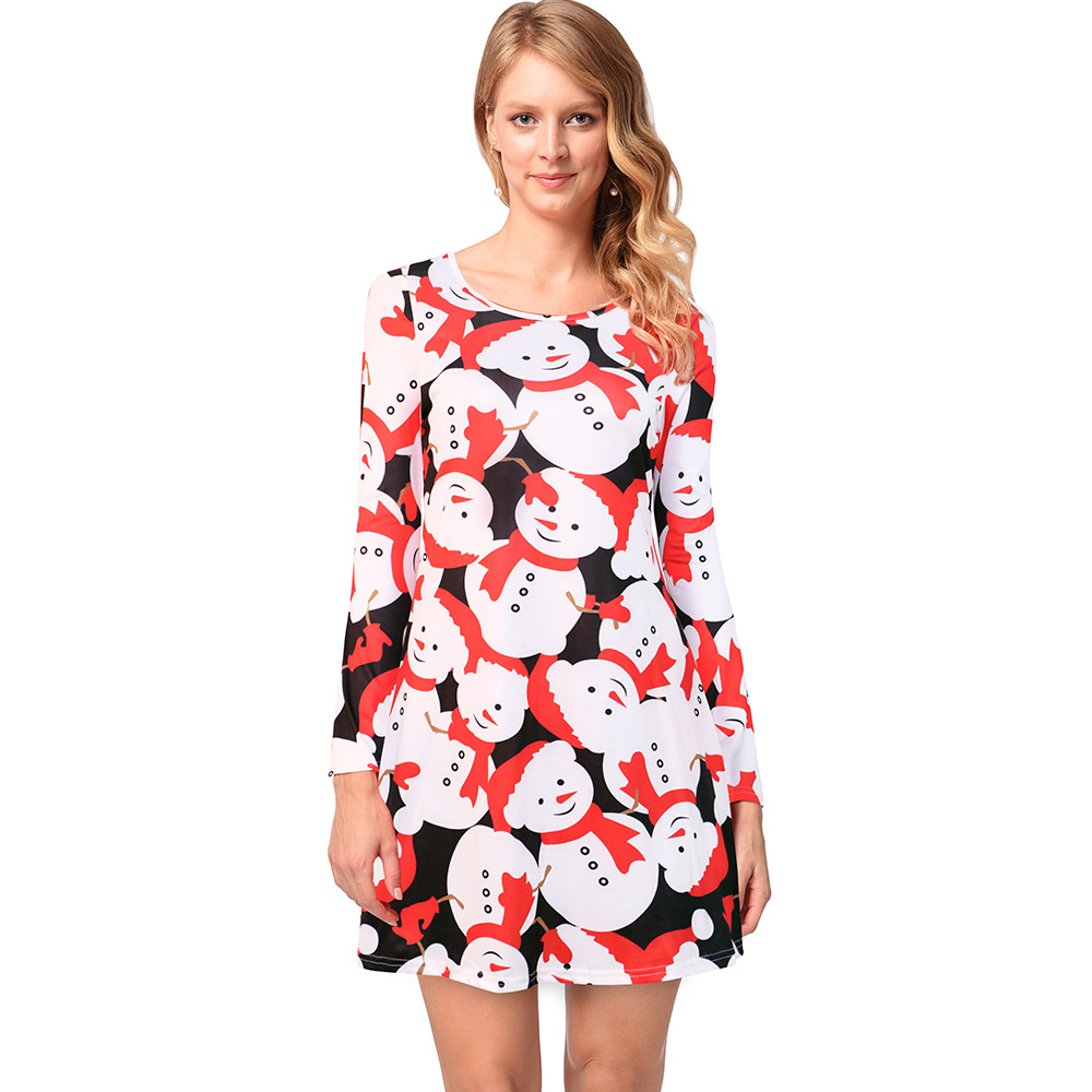 Womens Long Sleeve Christmas Dress Cartoon Print Mid Length Autumn Winter Style Wholesale Available