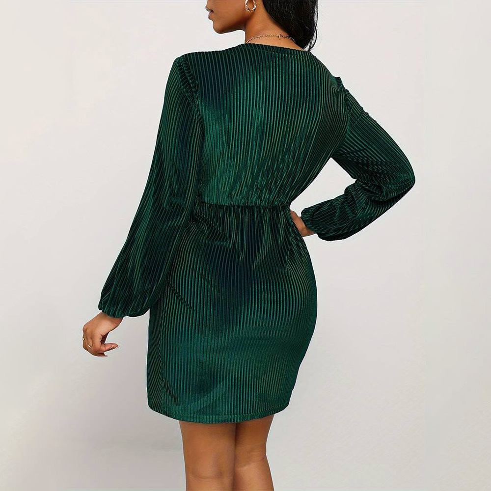 Women's V-Neck Long-Sleeve Mini High Waist Bodycon Dress