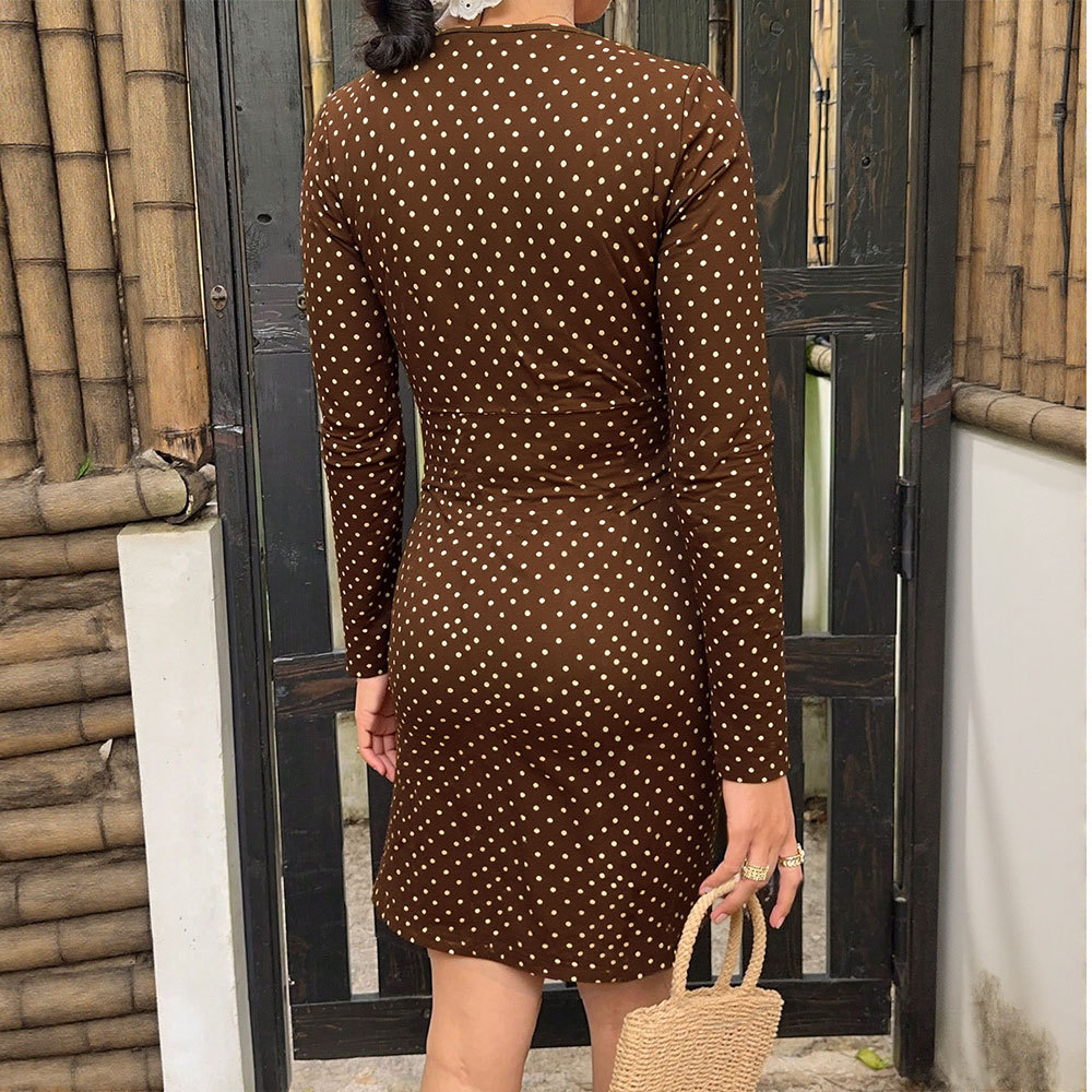 New Autumn Winter V neck Lace Trim Polka Dot Slim Fit Bodycon Long Sleeve Mini Dress
