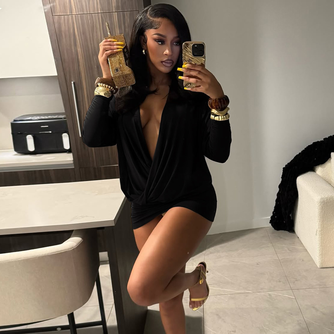 European and American Cross border Autumn New Sexy Versatile Fashion Simple Deep V Long Sleeve Bodycon Dress