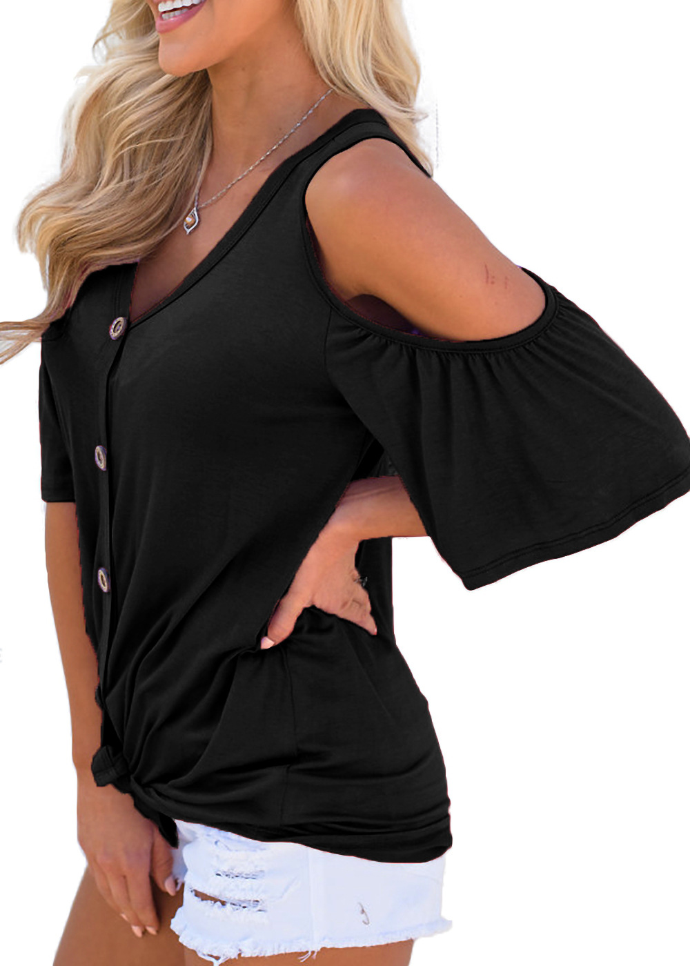 Womens Off Shoulder V Neck Button Knot Ruffle Short Sleeve T Shirt Casual Chic Style Available for Wholesale