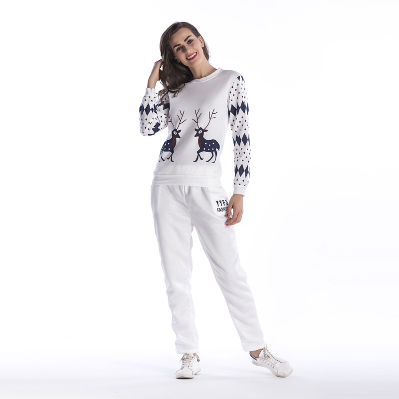 Womens Fleece Lined Sports Set Deer Print Round Neck Long Sleeve Sweatshirt Casual Pants Autumn Winter Wear