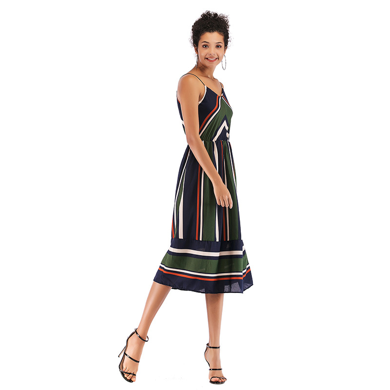 Womens Striped Color Block Chiffon Midi Dress V Neck Sleeveless Lightweight Fabric Spring Summer Fashion