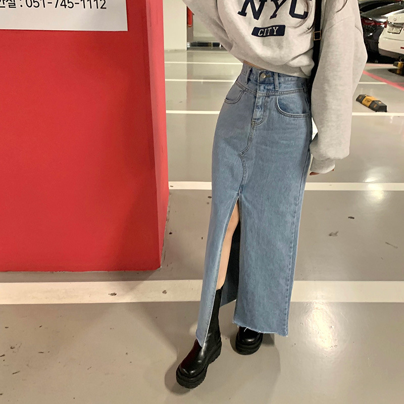 High Waisted Denim Skirt Sexy Front Slit Street Style Versatile Design Spring Collection Wholesale Available
