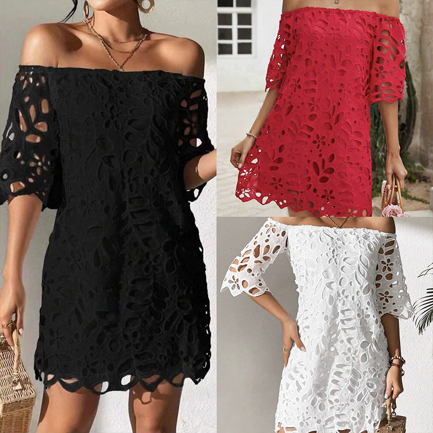 New European and American Cross Border Trade Commuter Style Solid Color Strapless One Shoulder Hollow Lace Dress Short Skirt for