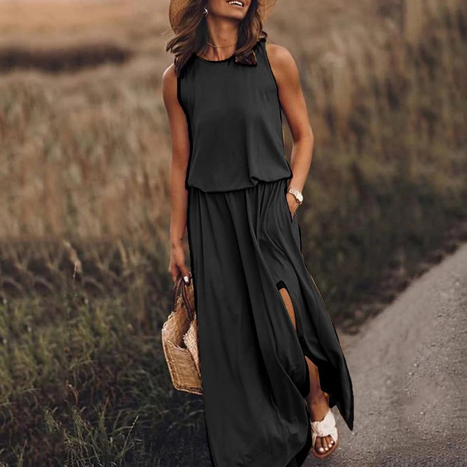 Summer New European and American Vacation Style Solid Color Round Neck Sleeveless Spaghetti Strap Lantern Split Long Dress