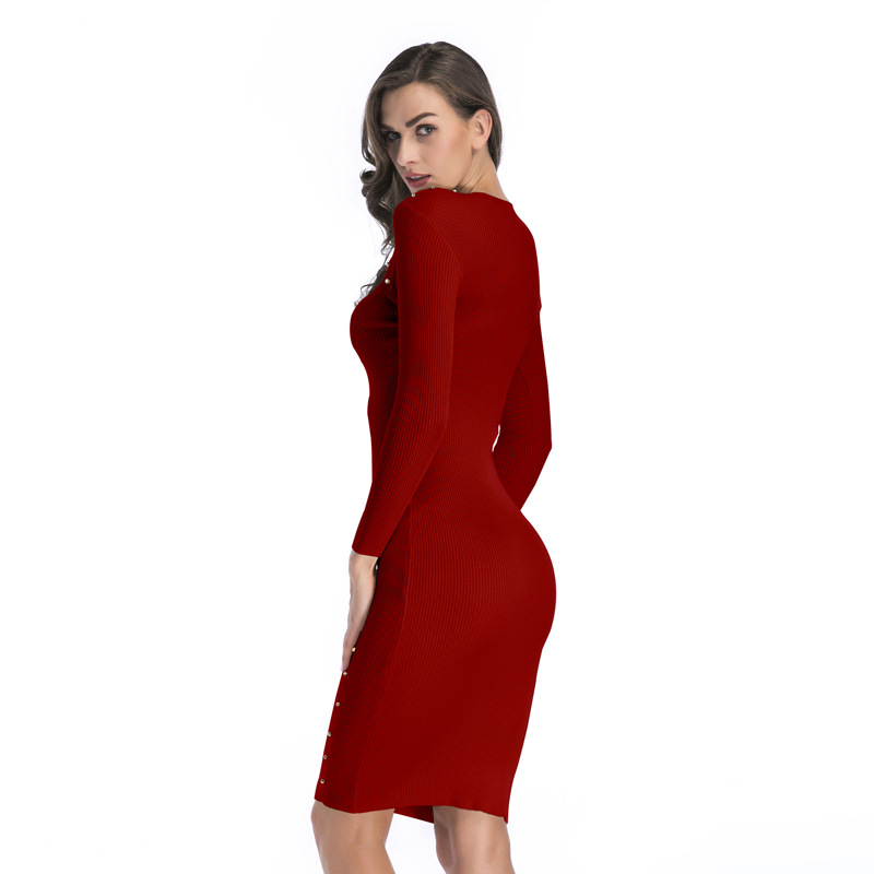 Womens Long Sleeve Knitted Dress Slim Fit Mid Length Bodycon Style Perfect for Spring Occasions Wholesale Available