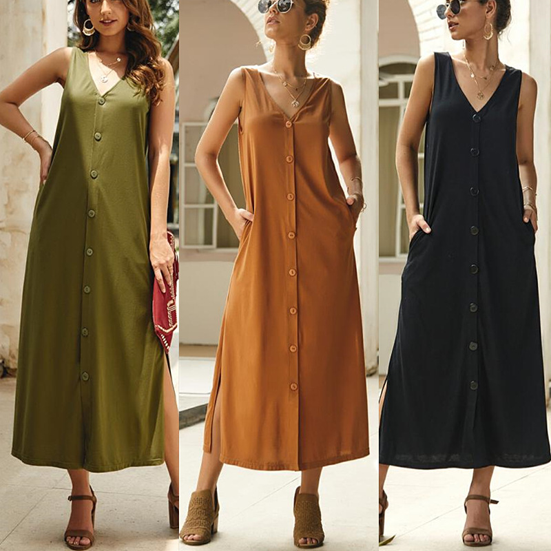 Summer Casual Solid Color Long Sleeve Button Down Maxi Dress Lightweight Fabric Elegant Style Ready to Ship