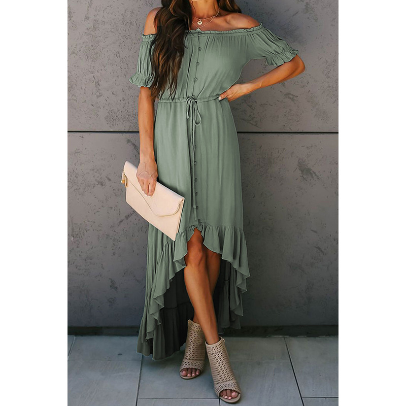 Off Shoulder Short Sleeve Maxi Dress Irregular Hem Summer Style Elegant Design Wholesale Available