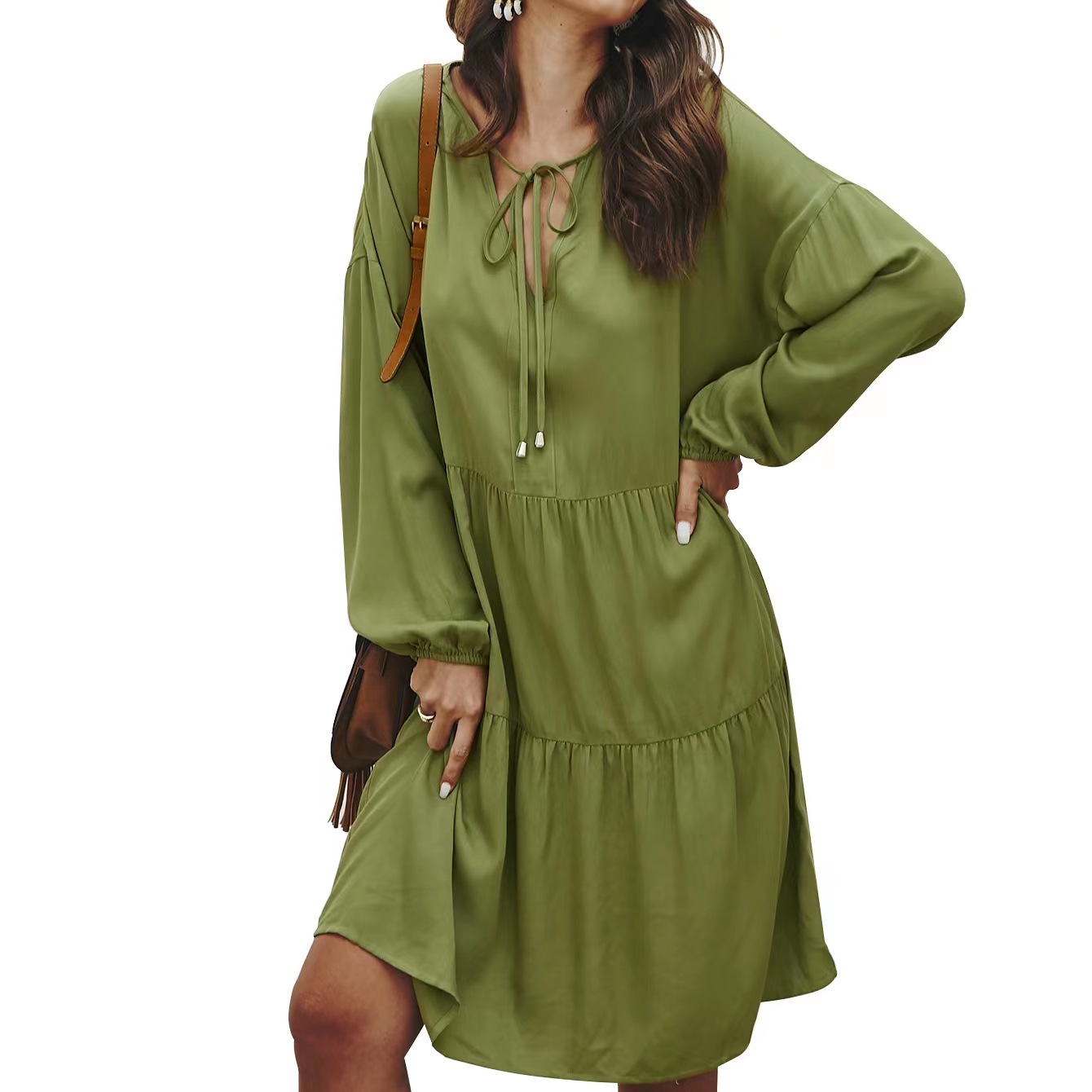 In Stock Cross Border New Long Sleeve High Waist Loose V Neck Solid Color Splicing Mid Length Tie Dress