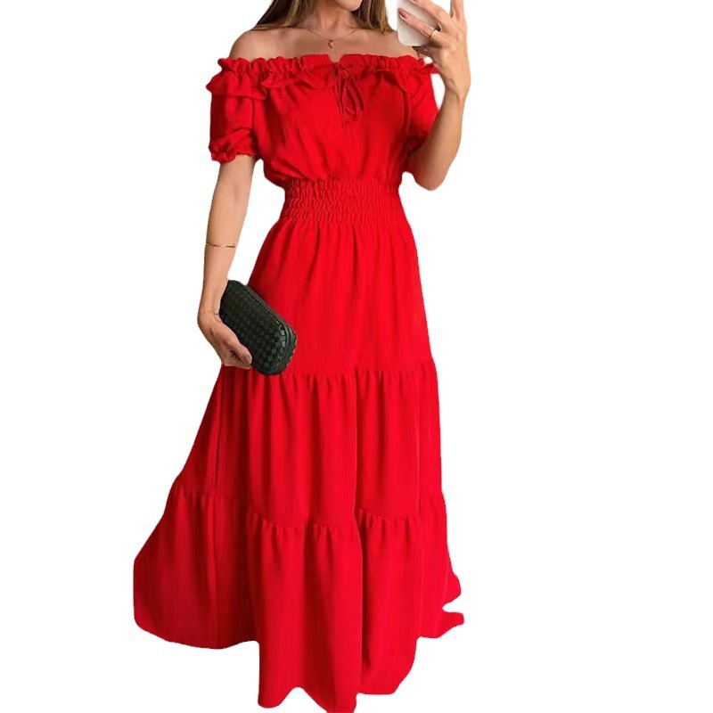 European and American Market Fashionable Solid Color Strapless Ruffled Sleeve Maxi Dress — Elegant, Trendy, Comfortable — Casu