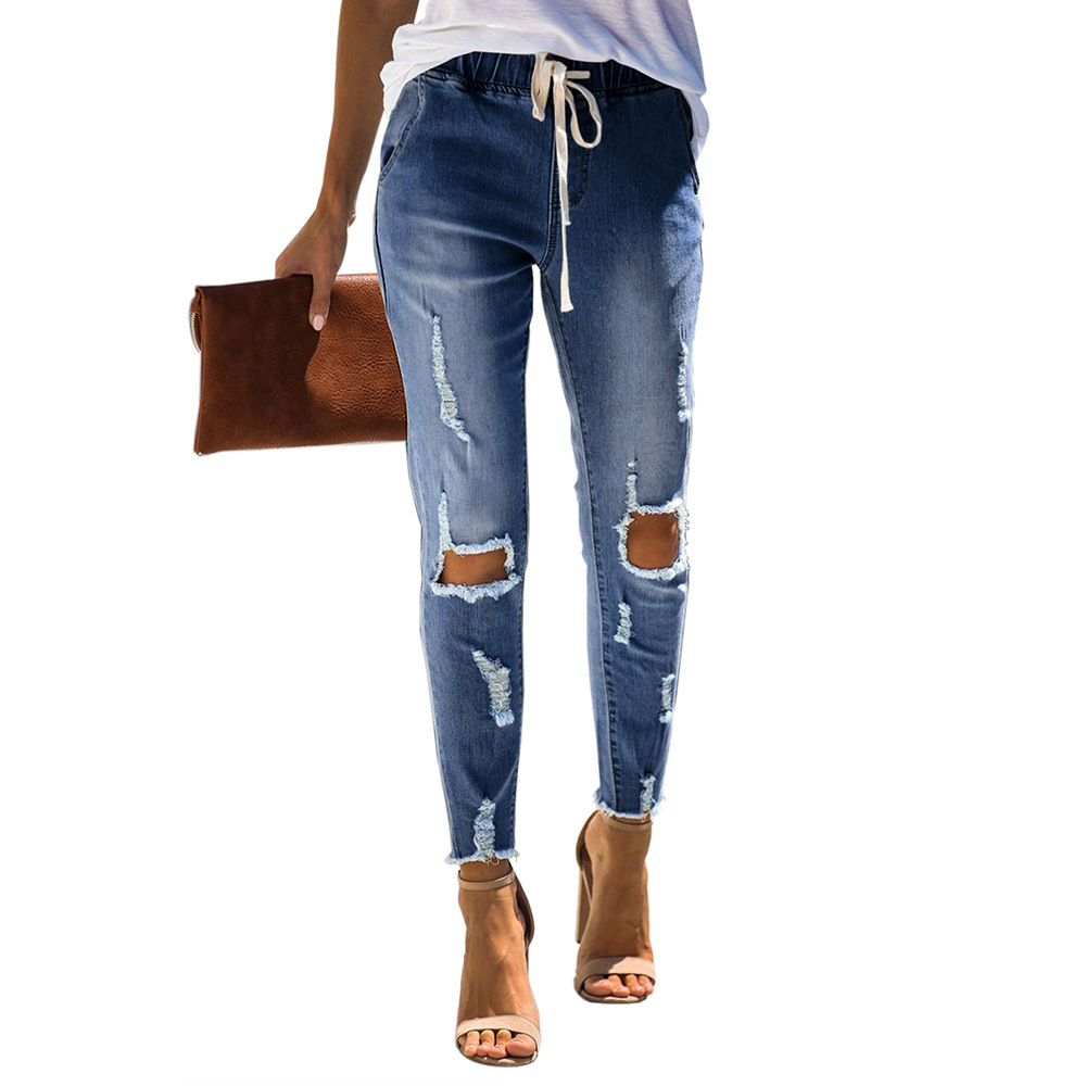 High Waisted Womens Skinny Jeans Stretchy Vintage Wash Drawstring Design Casual Autumn Winter Wear Wholesale