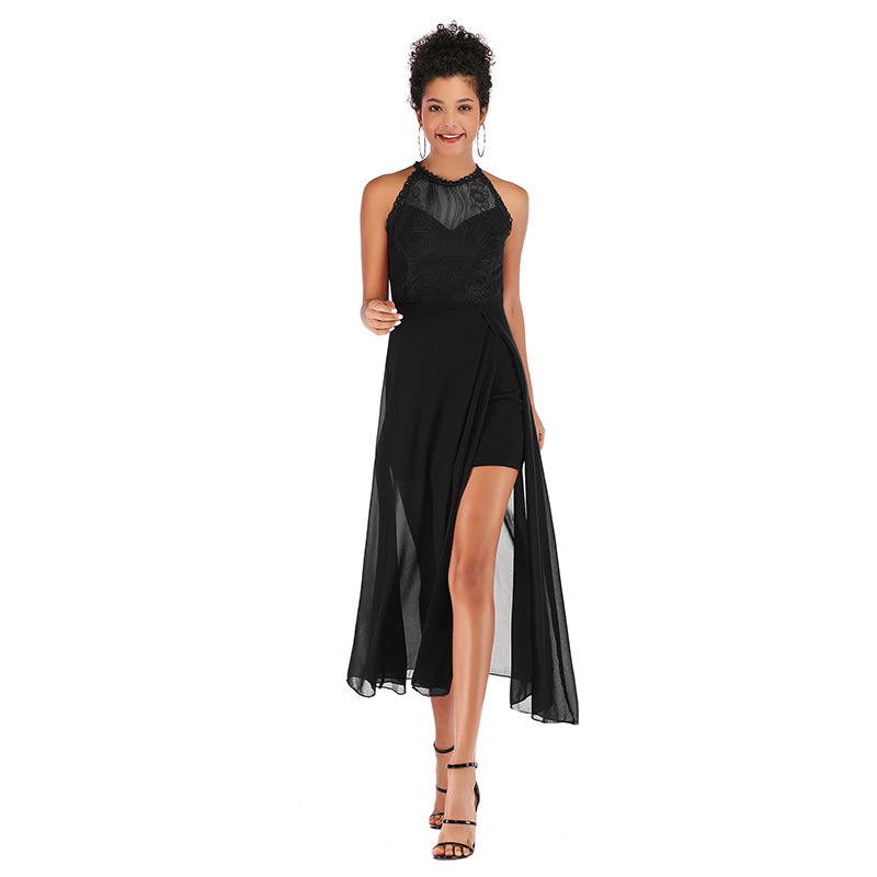 Chiffon Dress Sheer Panel Elegant Fit High Slit Flowy Hem Spring Summer Fashion Wholesale Available