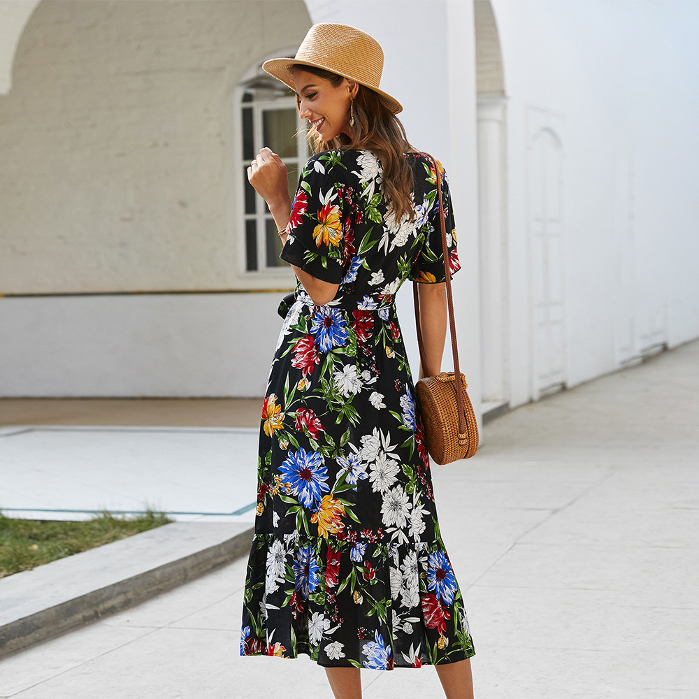 Bohemian Print Tie Front Dress Original Design Spring Summer Style Comfortable Fit Wholesale Available