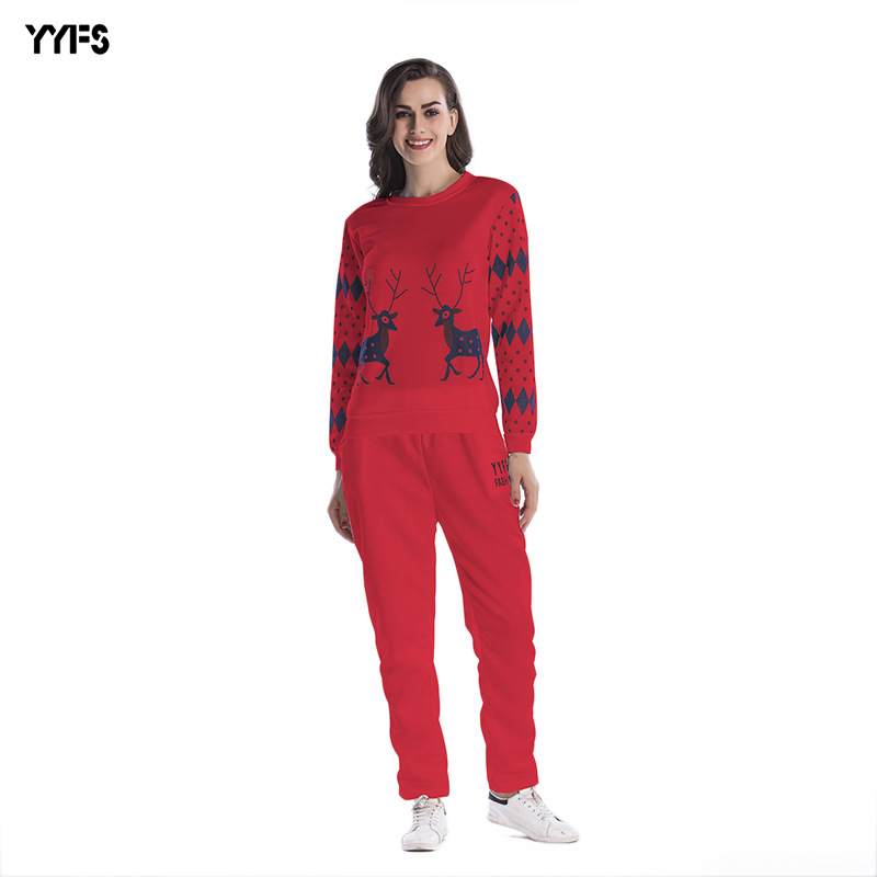Womens Fleece Lined Sports Set Deer Print Round Neck Long Sleeve Sweatshirt Casual Pants Autumn Winter Wear