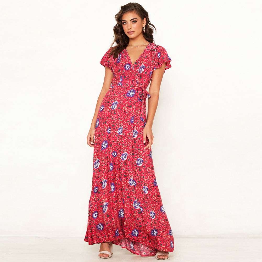 Bohemian Floral Maxi Dress V Neck Tie Detail Summer Style Perfect for Beachwear or Casual Outings Wholesale