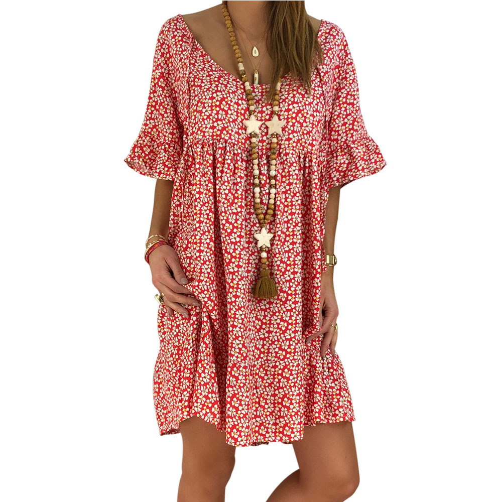 Loose A Line Dress Floral Print Ruffle Short Sleeves Round Neck Summer Casual Wear Wholesale Available