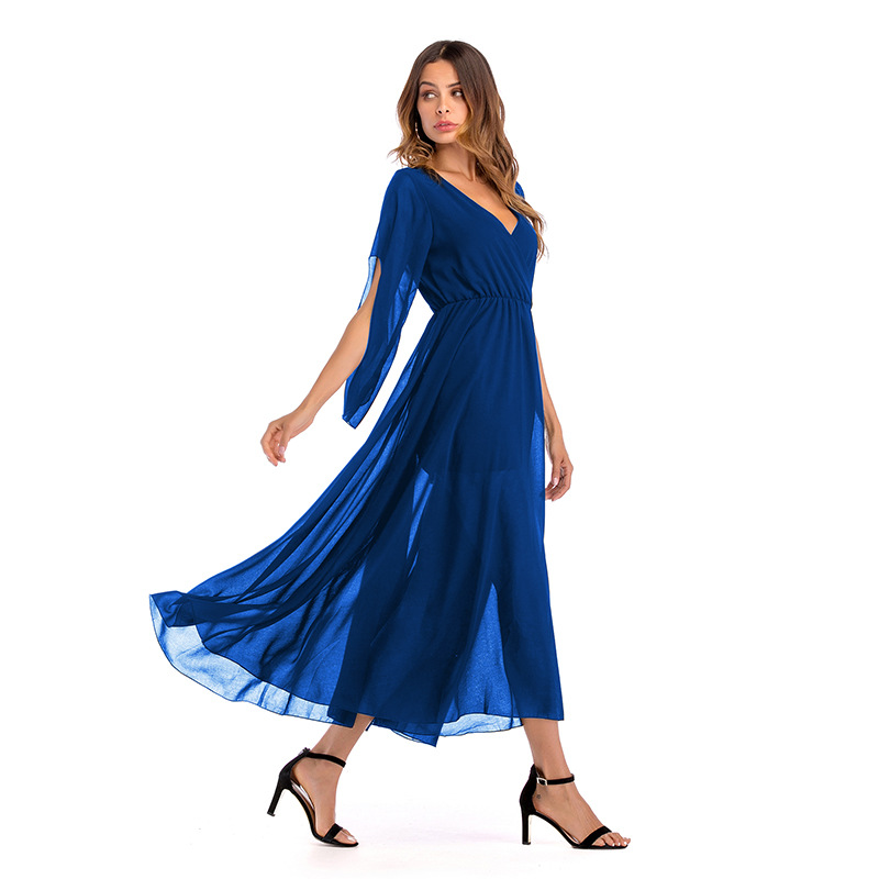 Womens Chiffon Maxi Dress Deep V Neck Color Block Flowy Design Spring Summer Fashion Wholesale Available