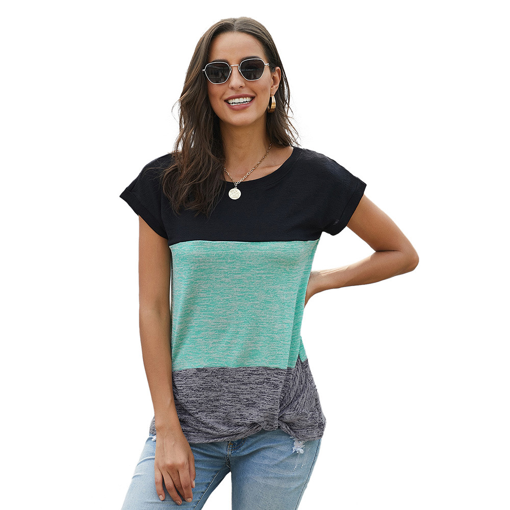 Color Block Asymmetrical Neck Short Sleeve Top Loose Fit Casual Style Perfect for Spring and Summer Wholesale