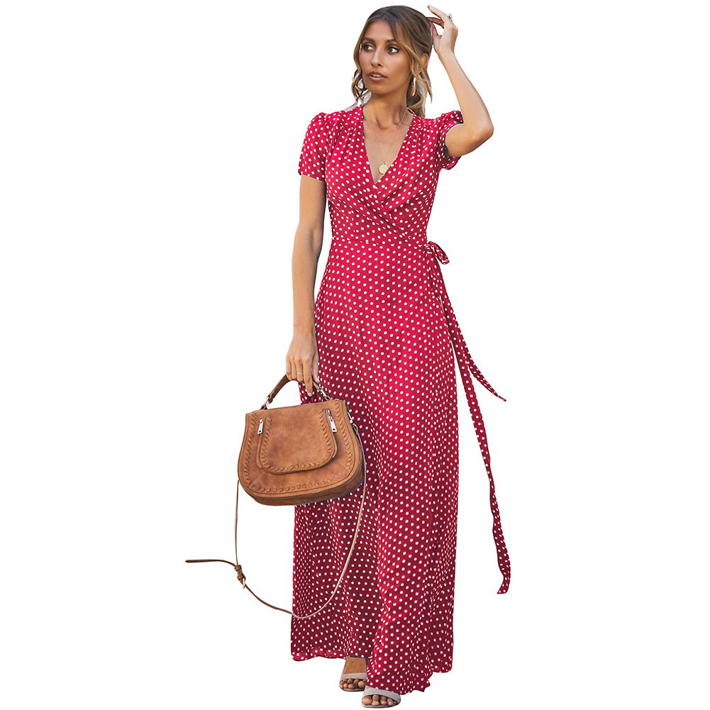 Womens Summer Dress Polka Dot Deep V Neck Short Sleeve Flared Hem Casual or Party Wear Wholesale Available