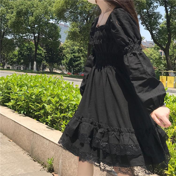 Lace Panel Puff Sleeve Little Black Dress Elegant Design Soft Luxury Autumn Fashion Available for Wholesale