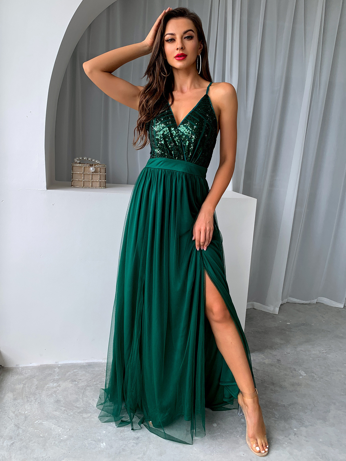 Summer Womens Dress Sexy Spaghetti Strap Mesh Sequin Patchwork High Slit Flared Hem Evening Gown Wholesale
