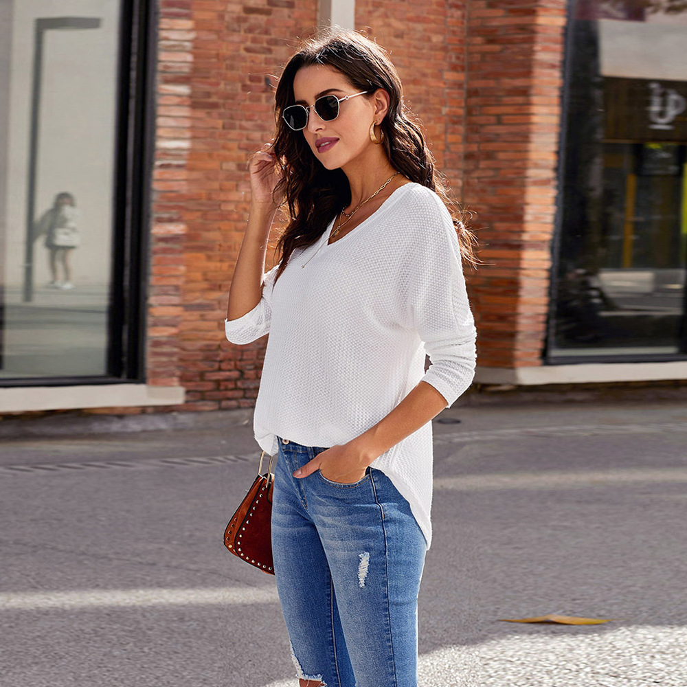 V Neck Loose Fit Long Sleeve Top Solid Color Waffle Knit Casual Style Perfect for Autumn Wholesale Available