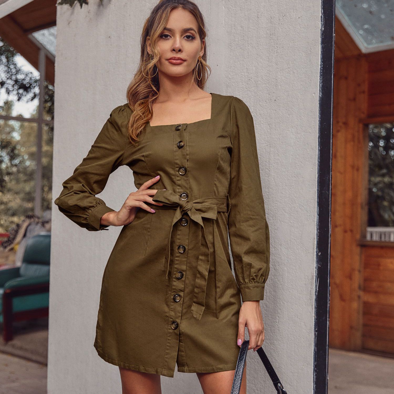 A Line Dress Princess Sleeves Square Neck Belted Elegant Style Autumn Winter Fashion Wholesale Available