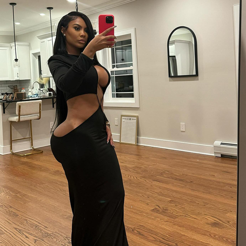 New Women's Winter Dress, Long Sleeve Hollow Out Bodycon Maxi Dress, Sexy Cut Out Waist Design for Trendy Fashionistas