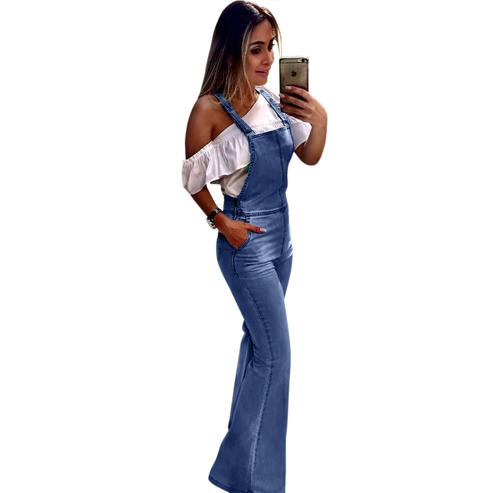 High Waisted Denim Jumpsuit Blue Flared Legs Slim Fit Adjustable Straps Spring Summer Fashion Wholesale Available
