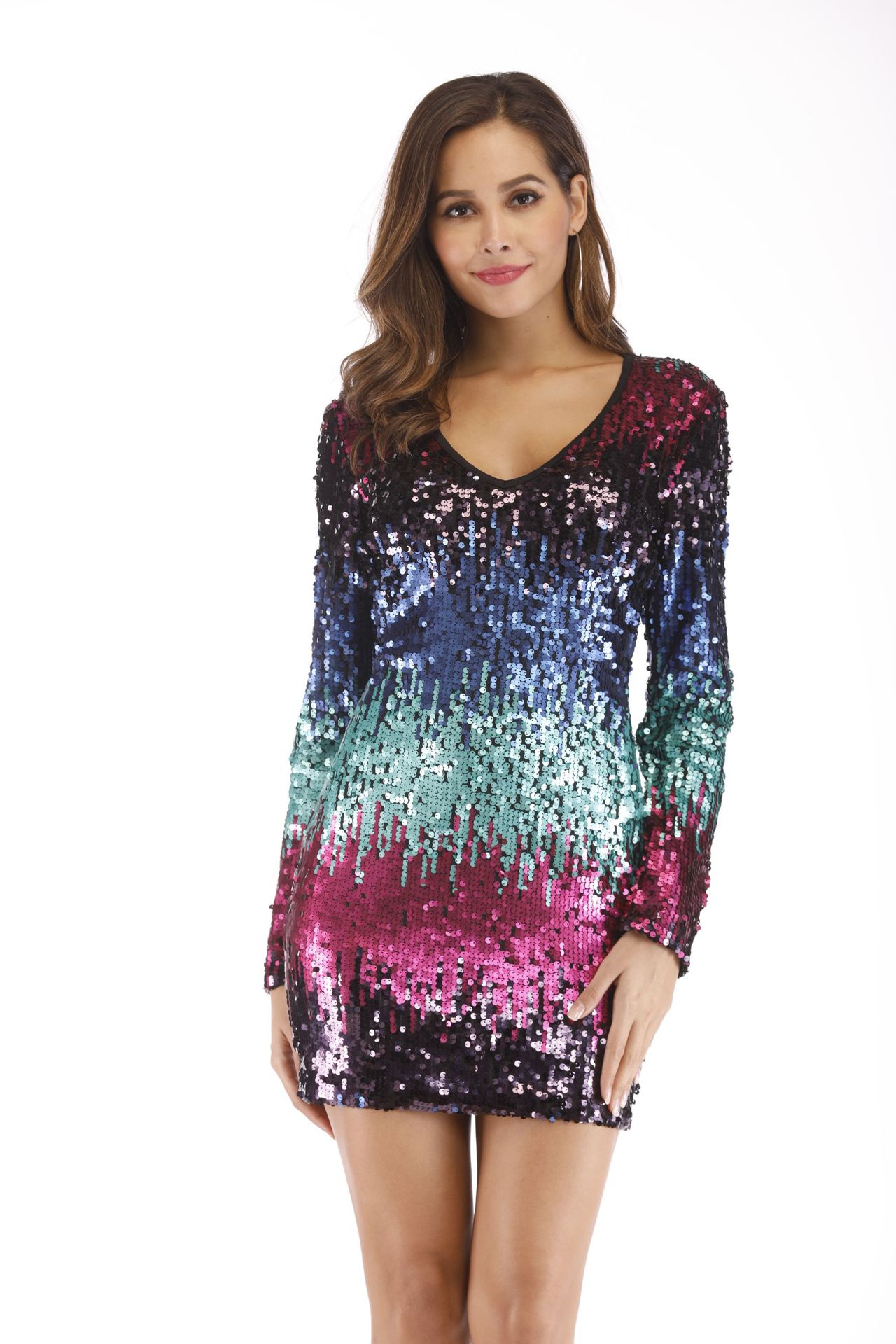 V Neck Long Sleeve Bodycon Dress Sexy Sequins Elegant Fit Nightclub Wear for Women Wholesale Available