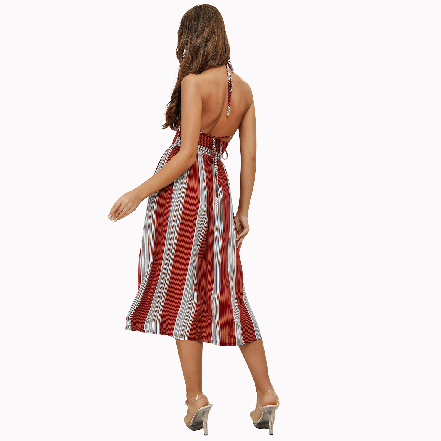Striped Backless Halter Dress Sexy Design Comfortable Fabric Versatile Style Perfect for Summer Parties Wholesale