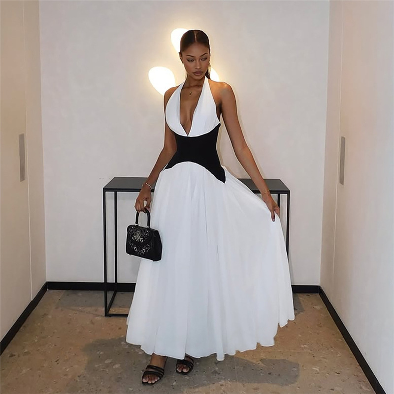 Stylish Summer Women's Dress with V Neck, Halter Neck, Color Block Design, and Waist Cinching Long Skirt for Cross Border Fash