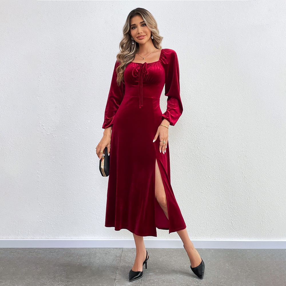Velvet Long Sleeve Dress Sexy Split Design Waist Cinching Square Neck Puff Sleeves Evening Party Wear OEM