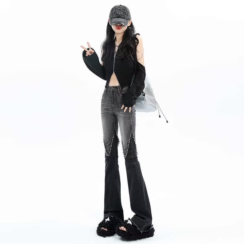 High Waisted Flare Jeans for Women Stretchy Gray Fringe Detail Trendy Street Style Wholesale Available