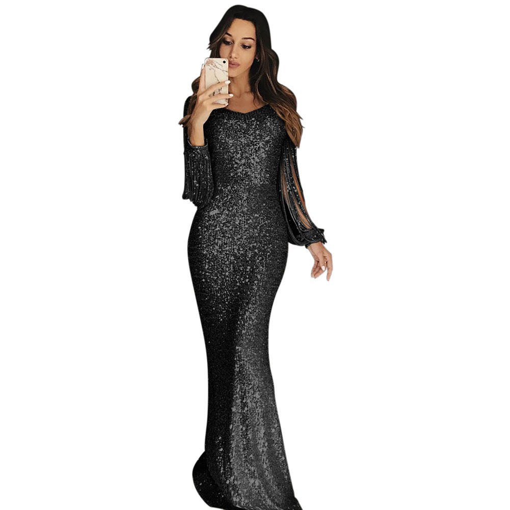 Mermaid Evening Gown Sequined Long Sleeve Bodycon Fit Tassel Design Formal Events Parties OEM Available