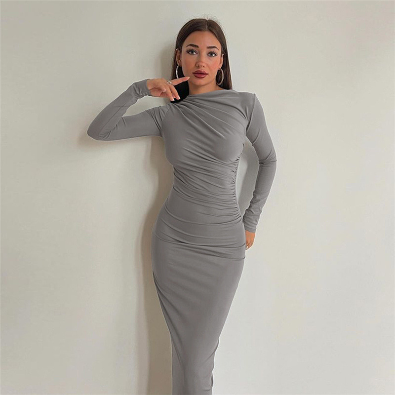 European and American Style Spring Summer New Women's Fashion Round Neck Long Sleeve Slim Fit Solid Color Bodycon Dress